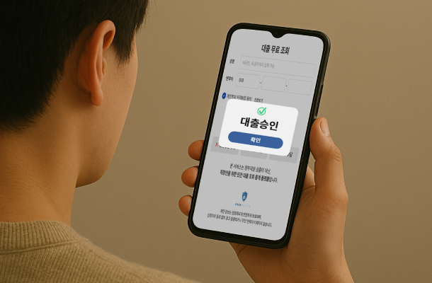남자가 대출승인이 된 스마트폰 화면을 바라보는 이미지